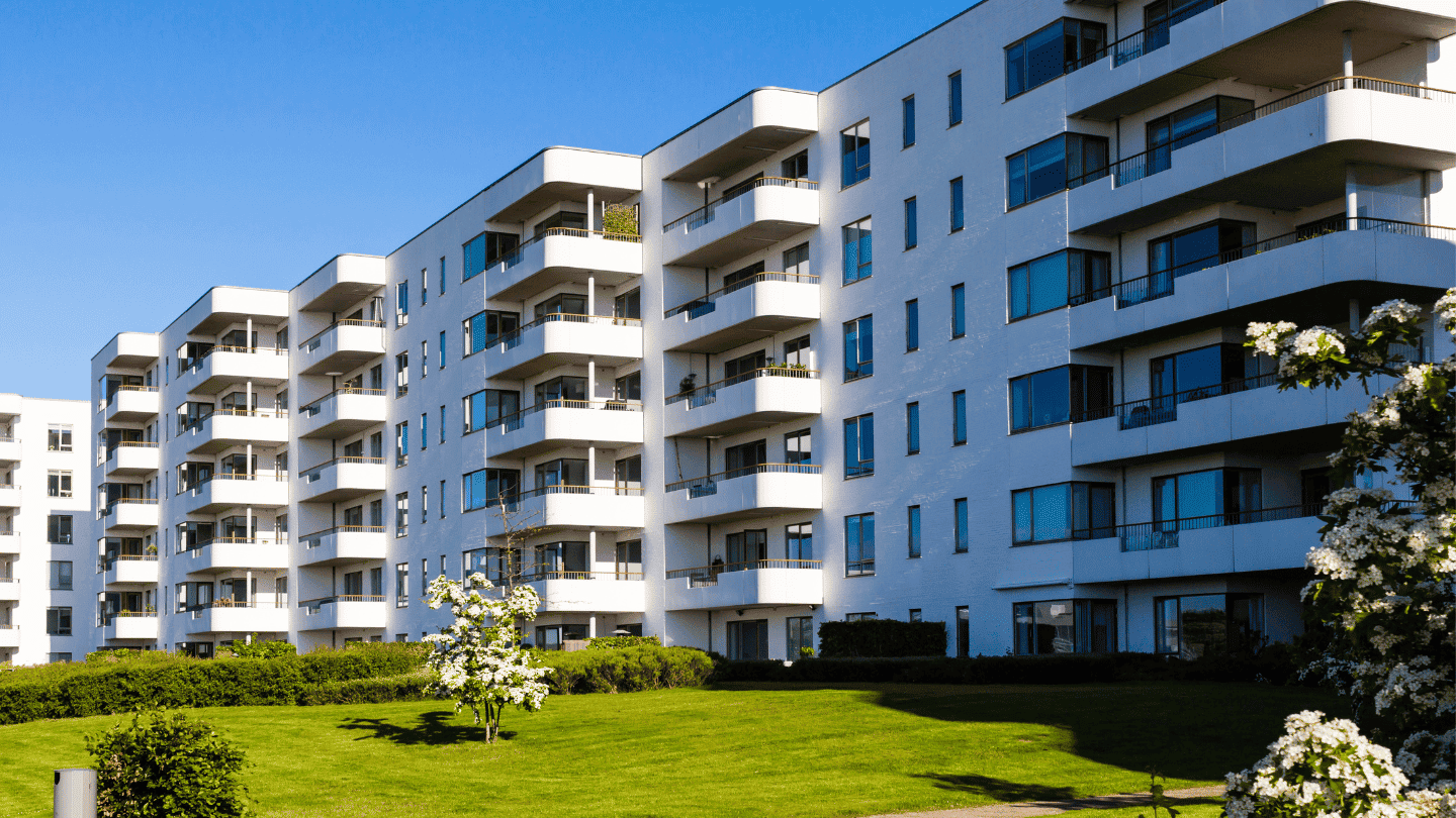 Exterior of a modern apartment building or condominium.